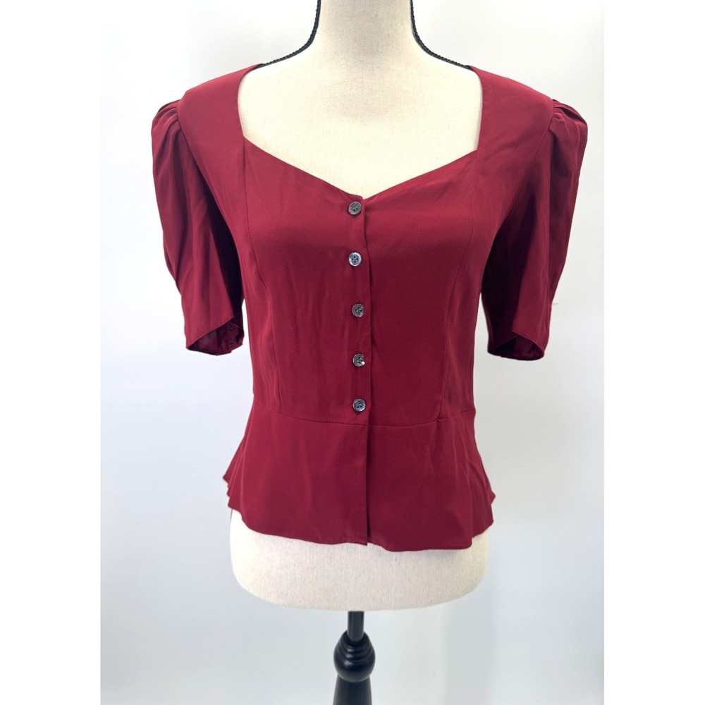 Frame Shirred Silk Peplum Button Up Top Small Oxblood Whimsigoth Dark Romantic